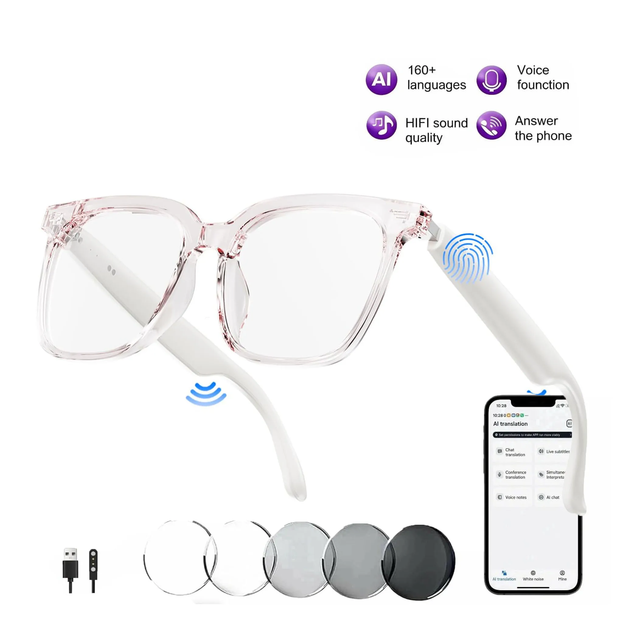 Pink Bluetooth Smart Glasses Multifunctional Translation Sunglasses Anti-Uv Oval Smartglasses for Birthday Gifts Gym Meeting