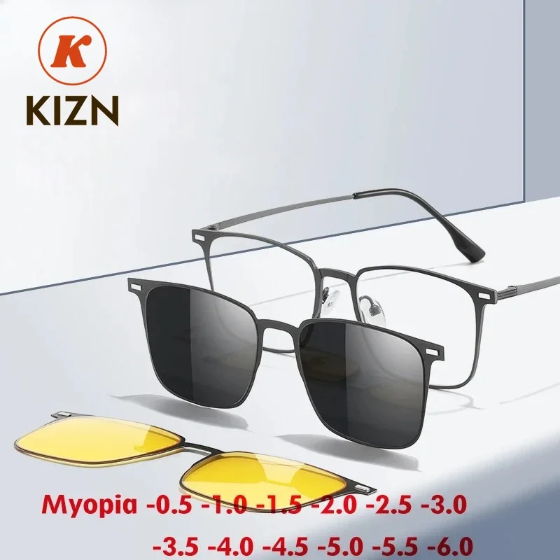 

KIZN 3 in 1 Classic Men Polarized Myopia Sunglasses Square Magnetic Clip Prescription Women Custom Glasses Frame -0.5 to -6.0