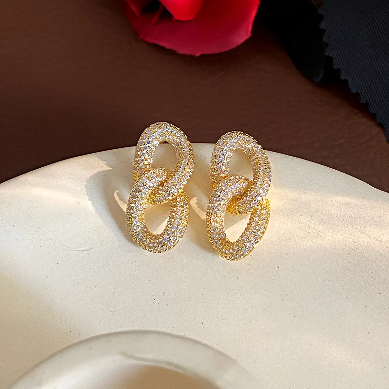 French Style Light Luxury Micro Inlaid Zircon Splicing Chain Long Style Super Sparkling Personalized Temperament Earrings