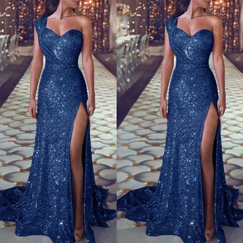 2022  Models  Dresses Women Elegant And Sexy One-shoulder Sleeveless Bronzing Dress Split  Wo