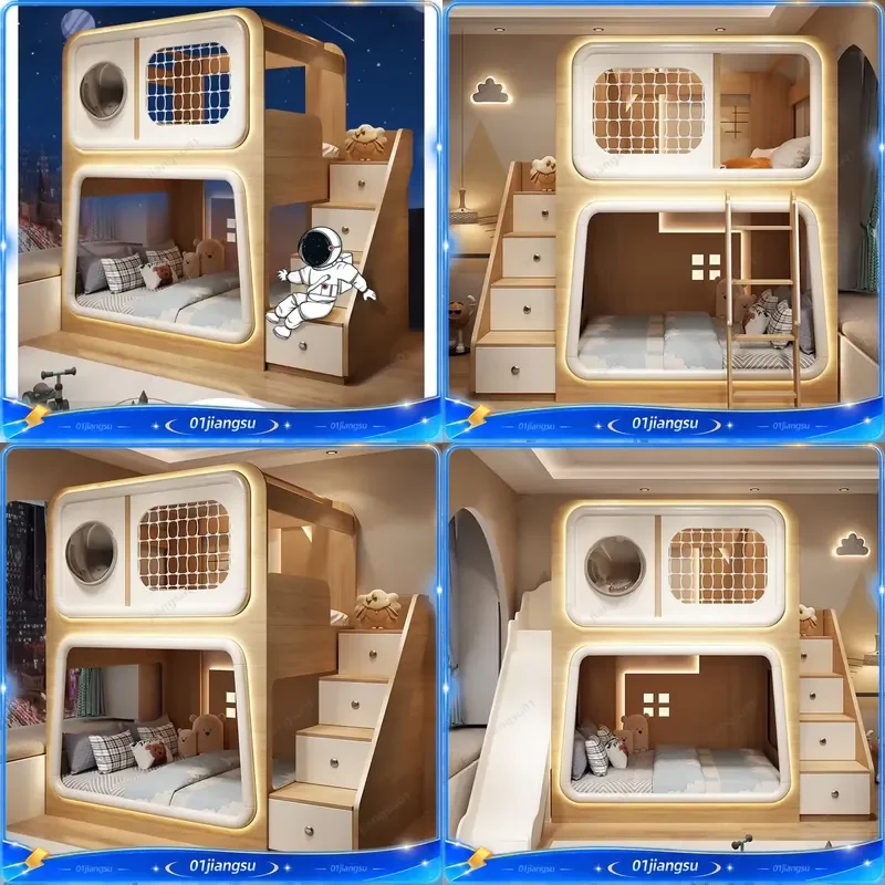Wooden Bunk Bed Twin Over Twin Creative Treehouse Capsule Loft Bed for Kids Room Small Space Saving Sleeping Solution