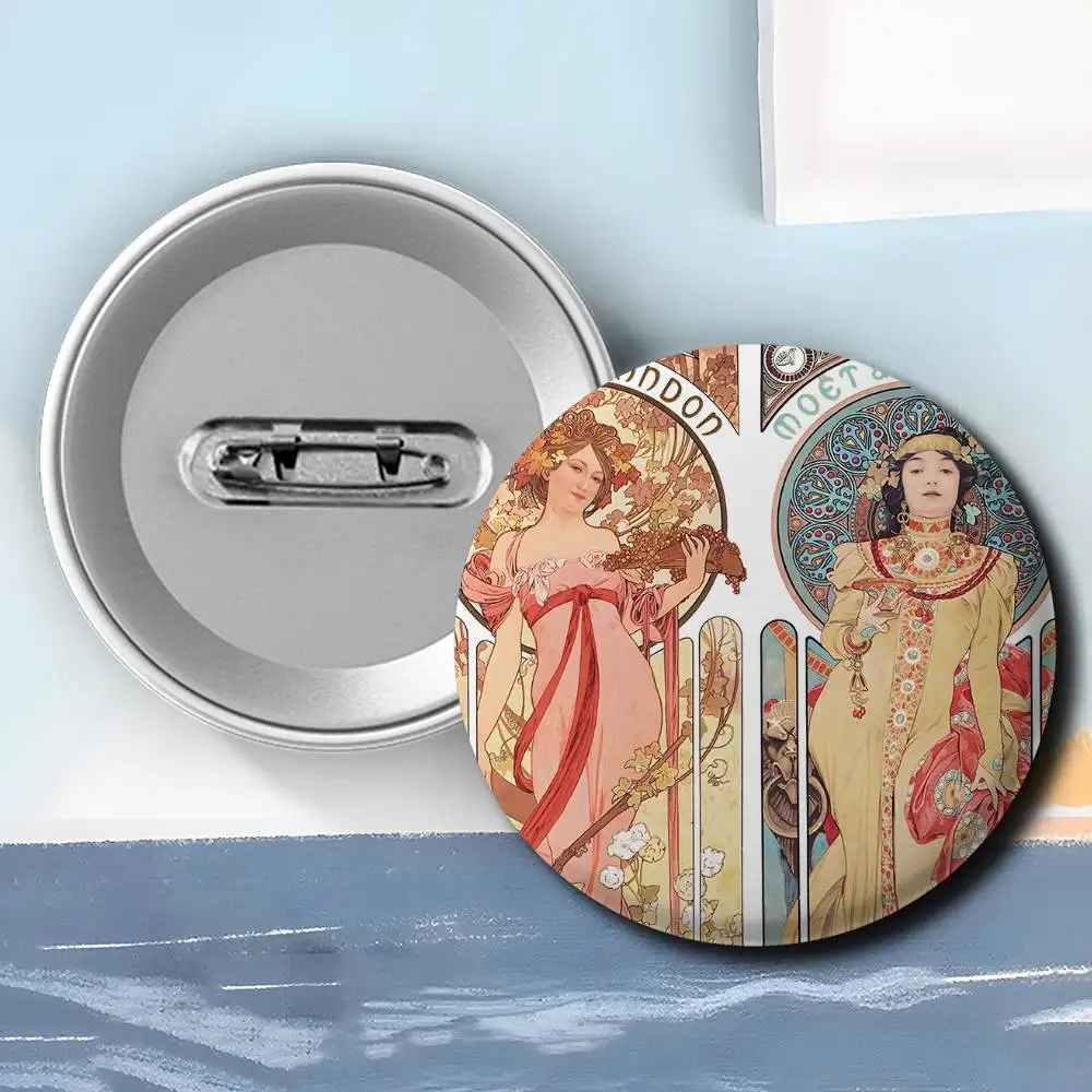 A-ALFONS MUCHAS Retro Badges Round Exquisite Badge Brooches Creative Pins For Clothes Hat Backpack Gift Accessories