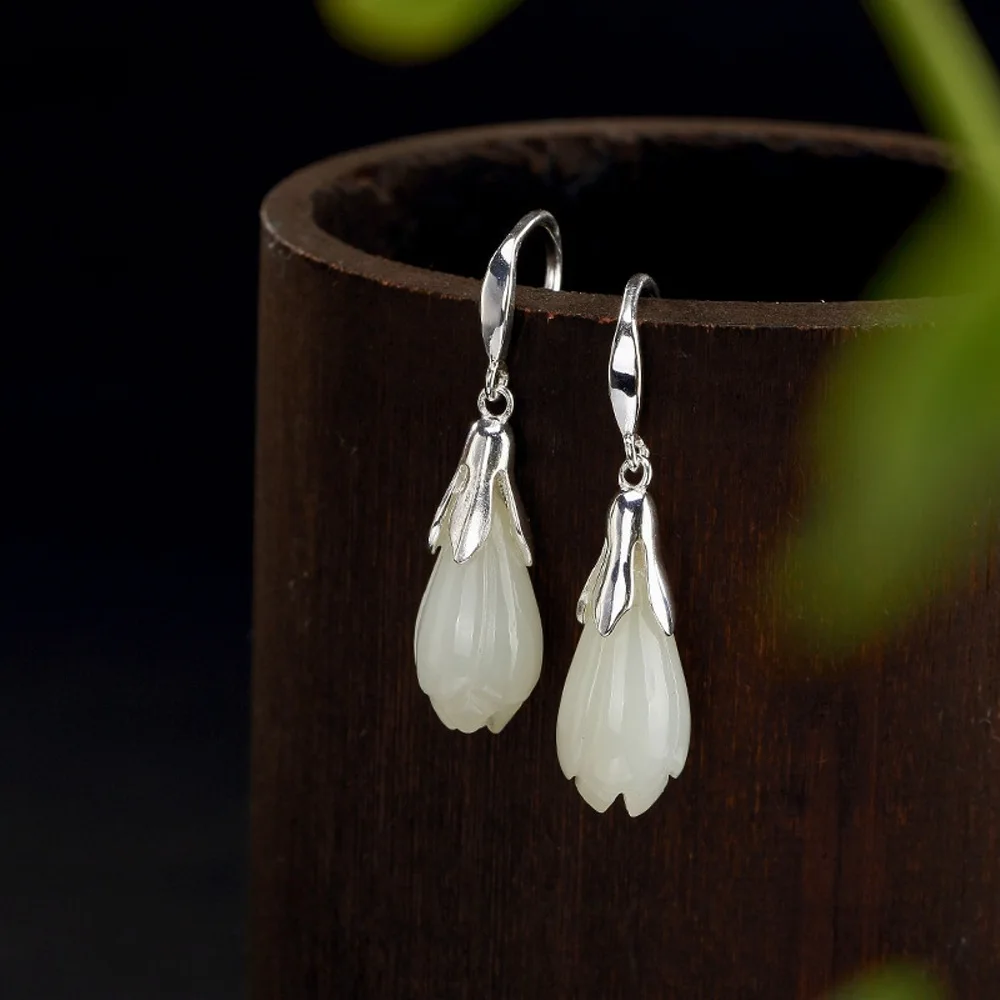 

Real Solid 925 Sterling Silver Dangle Lucky Natural Jade White Orchid Flower Women Earrings