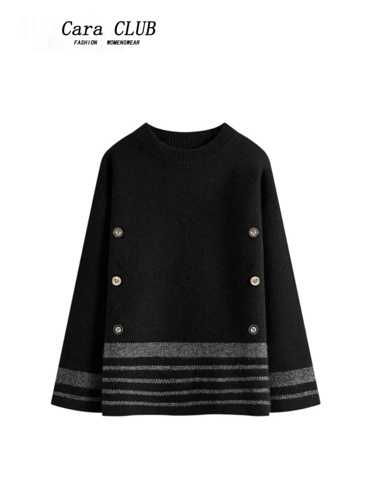 

CaraCLUB plus Size Long Sve Knitted Sweater Women Spring Season Belly Conceal Slimming Stripes High-End Feeling Top