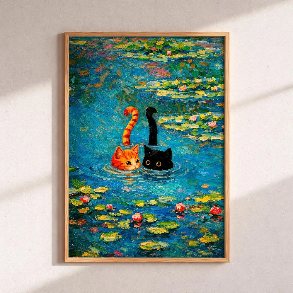Monet Water Lily Cats Art Print - Funny Black and Orange Cat Pond Poster - Whimsical Impressionist Wall Art - Gift for Cat Lov