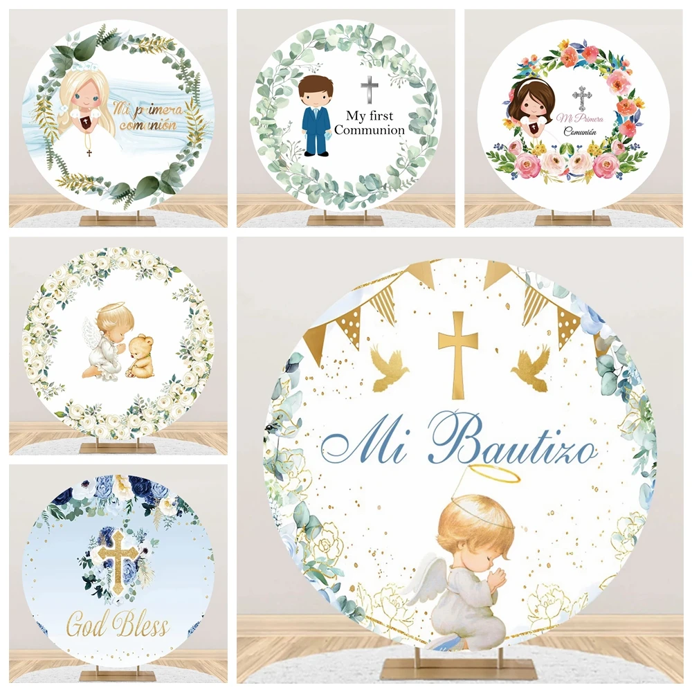 

Baby Baptism Round Backdrop Cover First Holy Communion Little Angel Christening Baby Shower Party Circle Photography Background