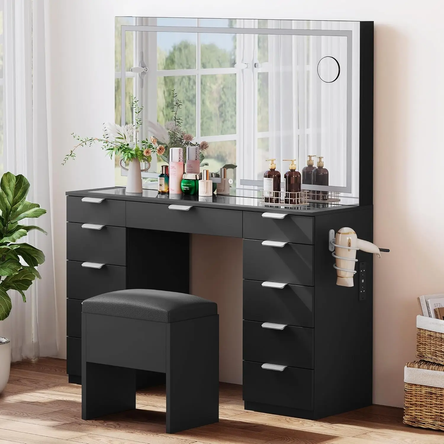 Makeup Vanity Set with LED Mirror, Power Outlets and Storage Bench Glass Top Makeup Station with 11 Drawers and Magnifying Glass