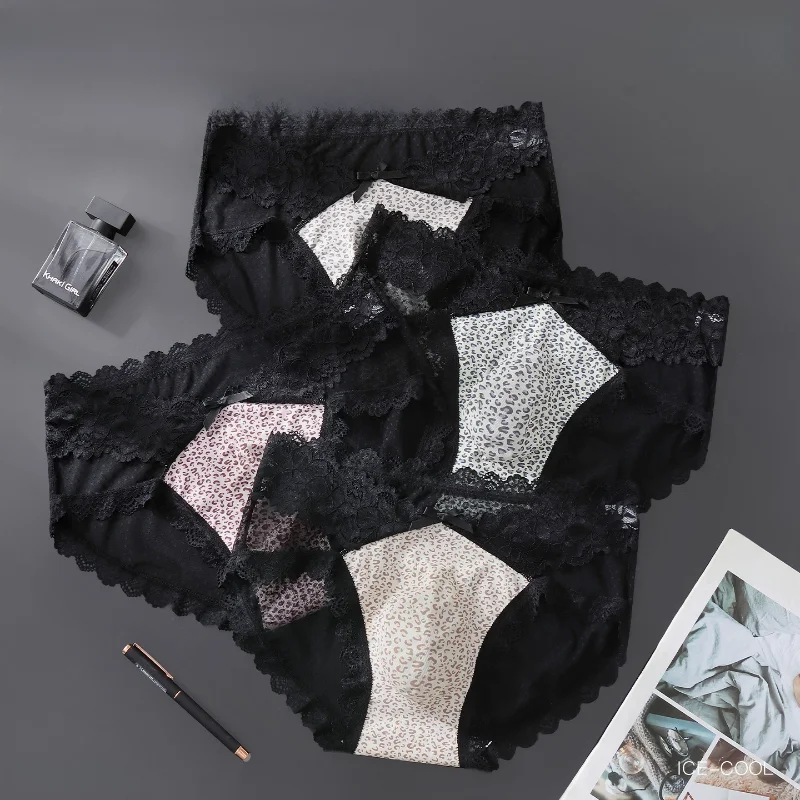 Men Briefs High Fork Lace Edge Leopard Printed Underwear Ice Silk Quick-Drying Panties Sissy Lingerie See Through Underpants