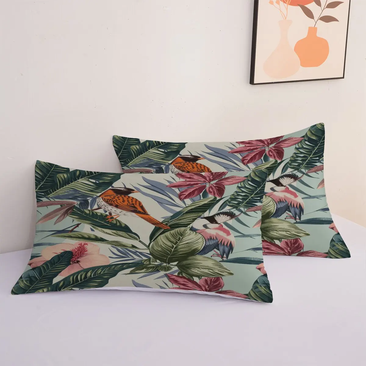 Tropical bird  Duvet size  Pink flowers  1 duvet cover and 2 pillowcases (without blankets)