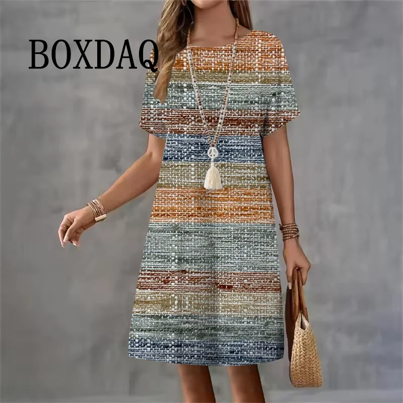 

Summer Dresses For Women Fashion Short Sleeve Striped 3D Print A-Line Dresses Casual Pullover O Neck Female Loose Elegant Dress