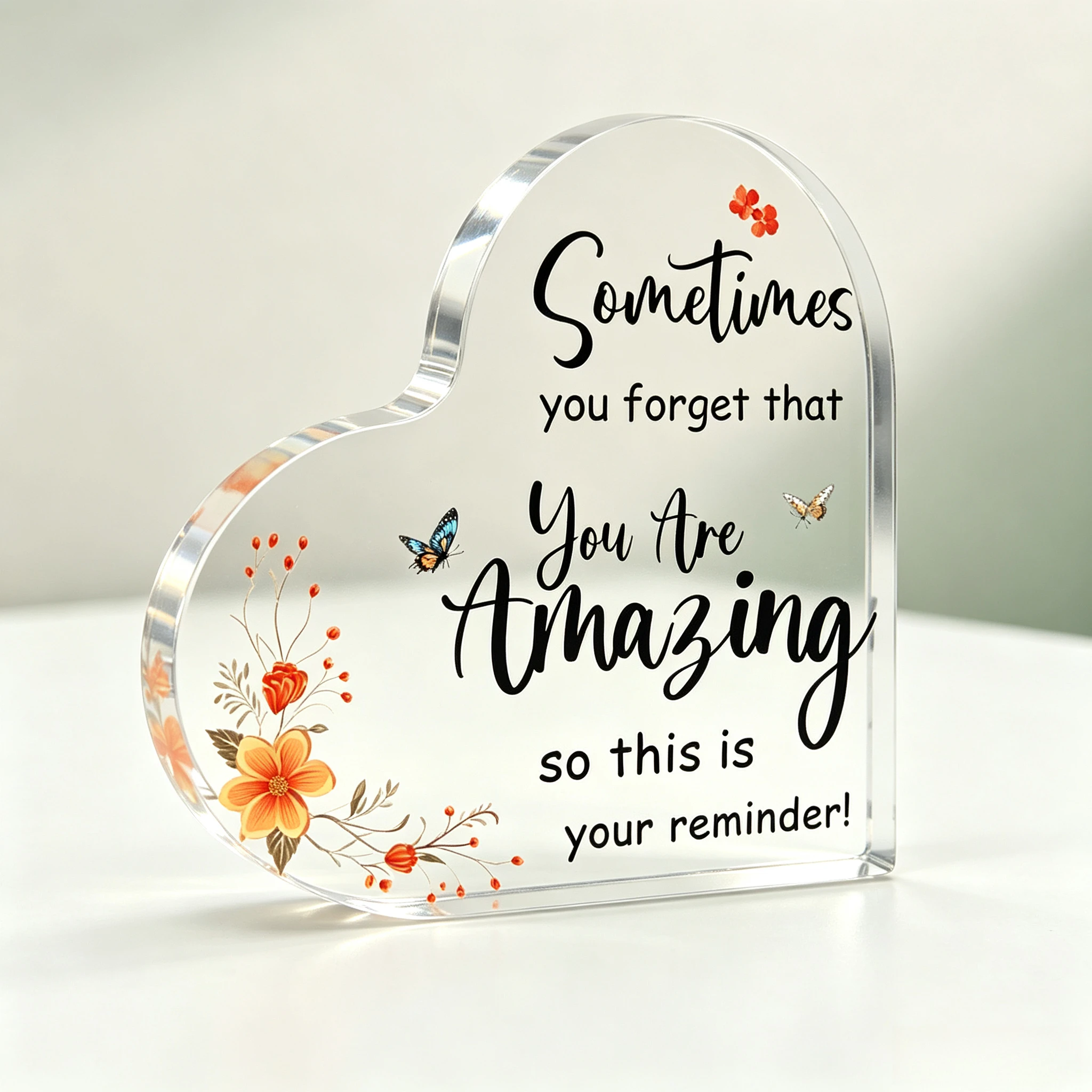 You Are Amazing Heart‑Shaped Acrylic Tabletop Plaque, Orange Floral Butterfly Encouragement Desk Decor