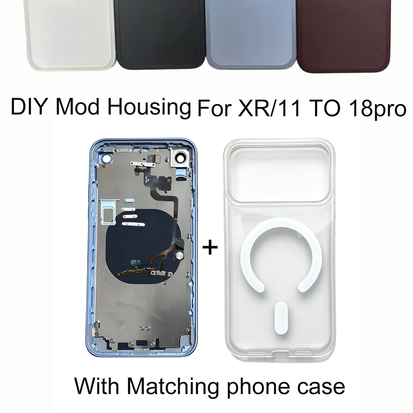 DIY Retrofit Housing for iPhone XR/11, 18 Pro Style Assembly Kit, Frame, Flex Cable, Side Keys and Matching Phone Case