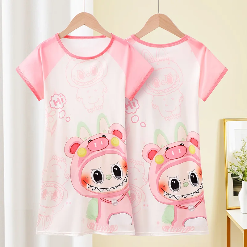 

2025 Summer Girls Princess Style Nightgown Soft and Comfortable Short Sleeve Sleepwear Dress for Little and Big Girls Homewear