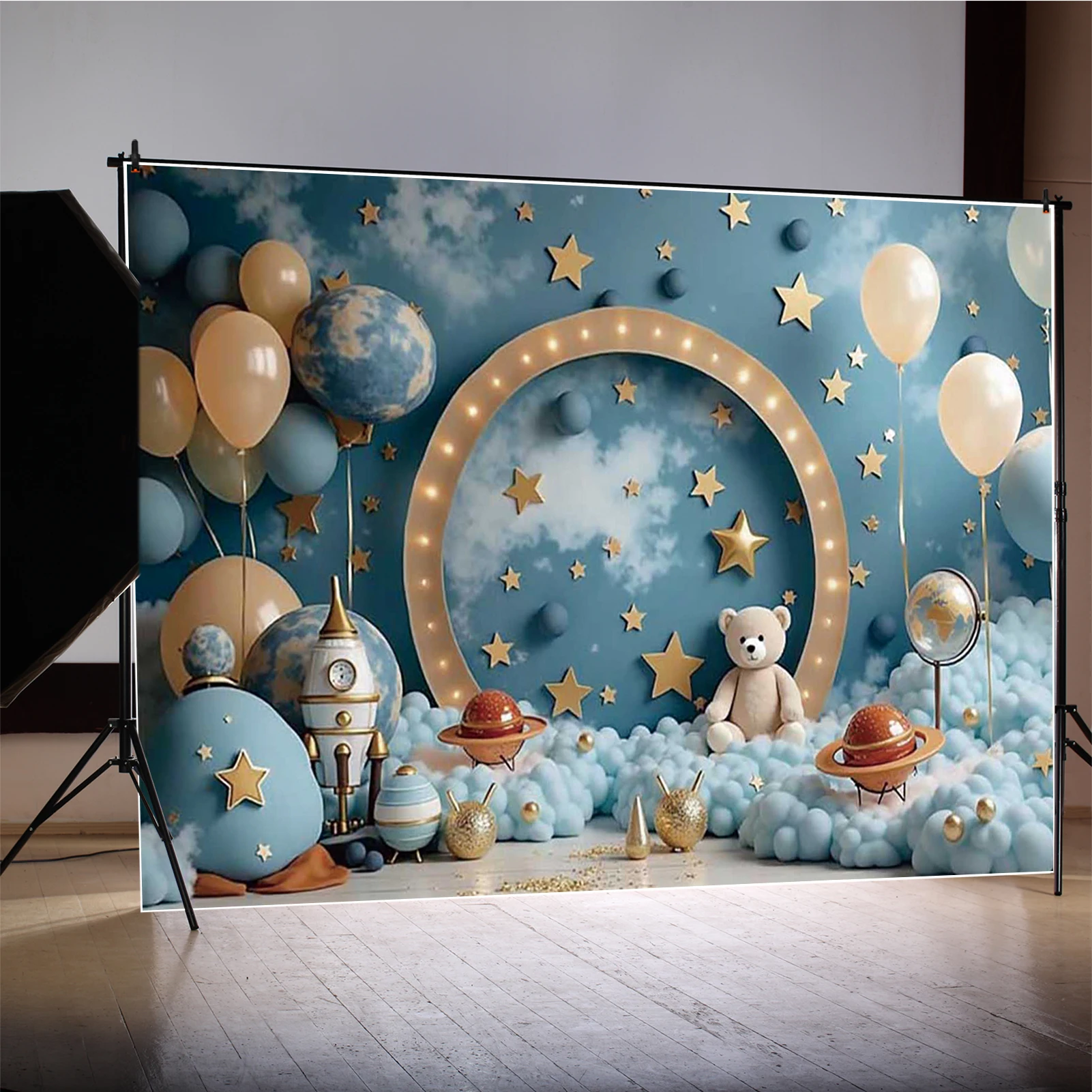 MOON.QG Newborn Baby Birthday Photography Background Teddy Bear Balloon Rocket Photocall Backdrop Baby Studio Photobooth Props