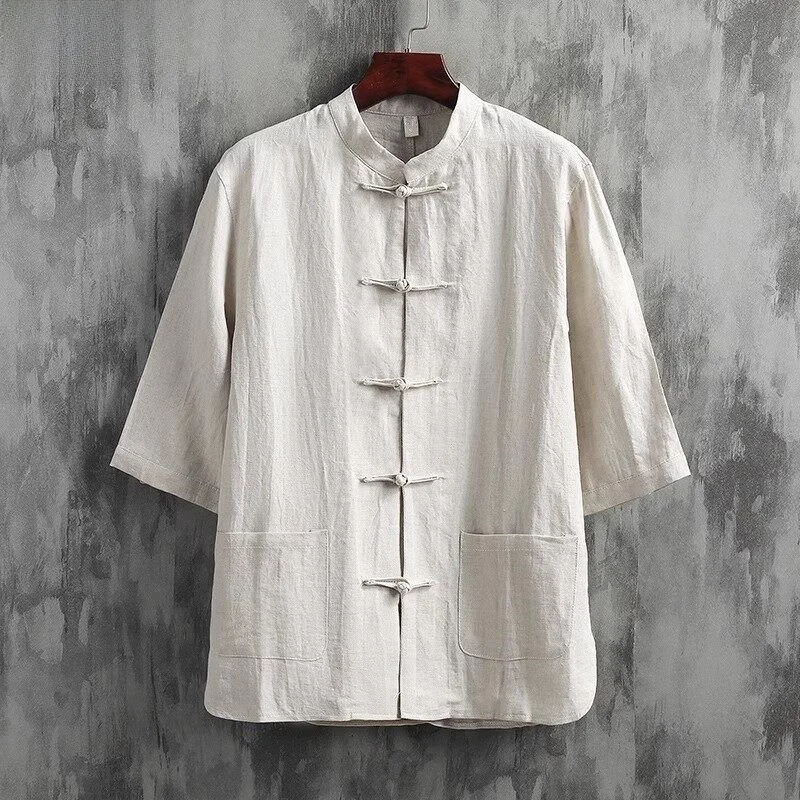 Lin Men Short Sleeve Shirt Summer Linen Material Retro Casual Thin Shirt Chinese Style Pure Color Half Sleeve Men's Ethnic Cl...