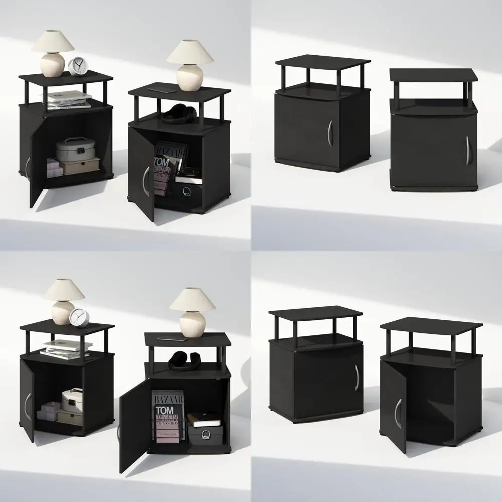 

2-Piece Nightstand Set: Open Shelf & Door Cabinet, Round Bedside Table, Black