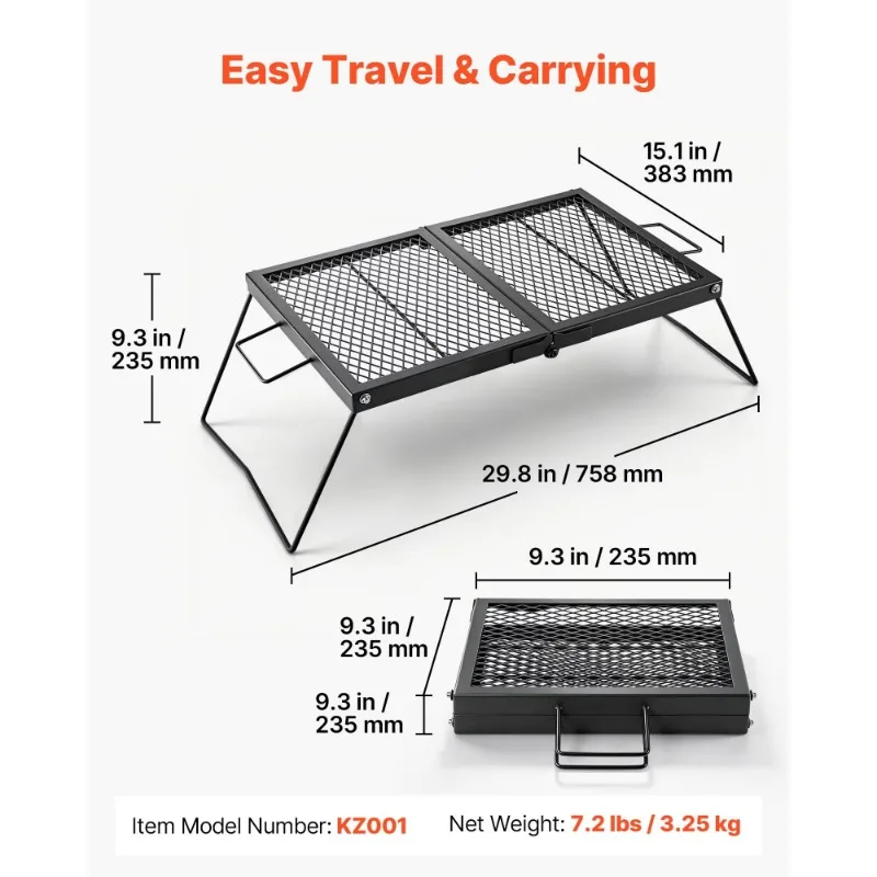 Folding campfire grill, portable steel mesh camping grill
