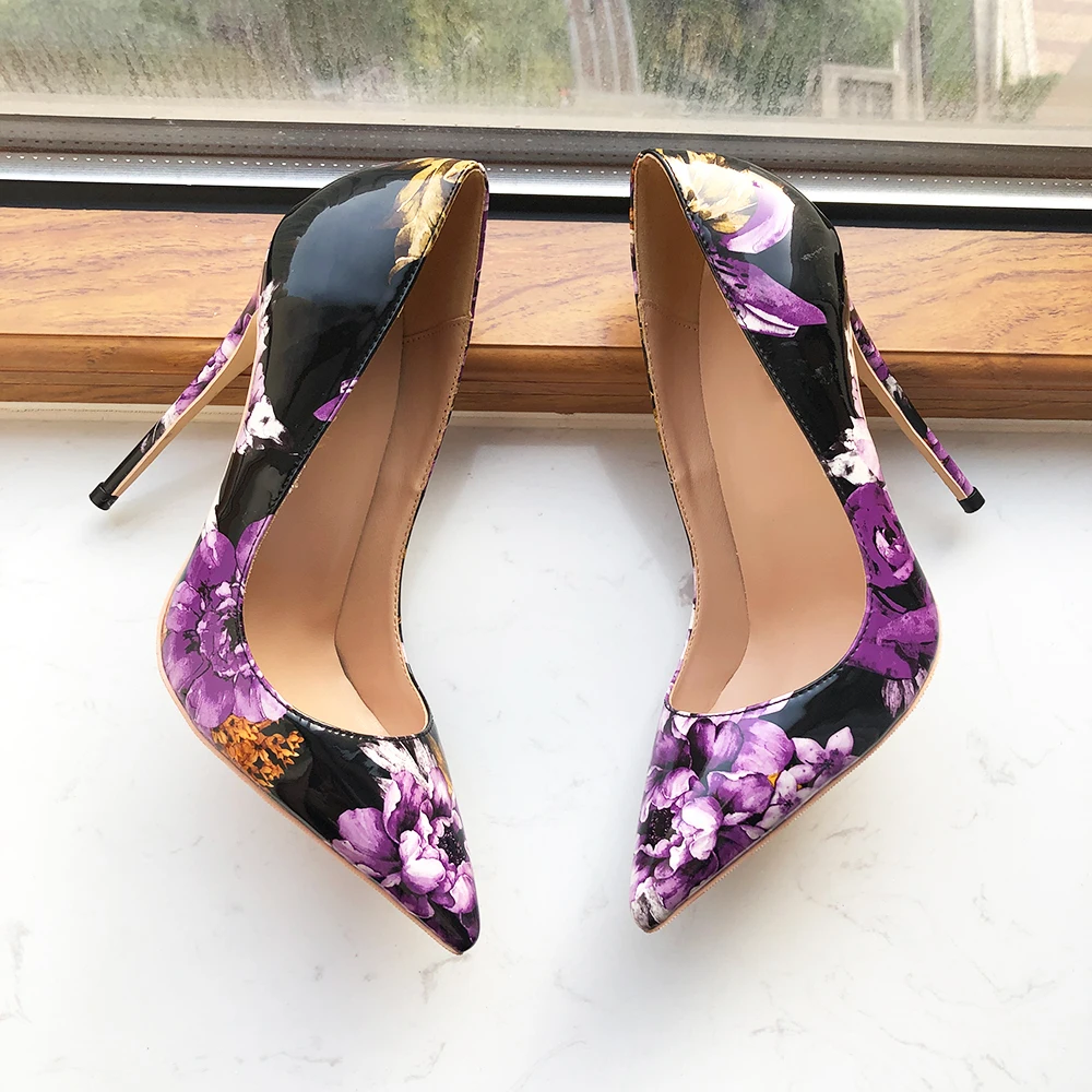 

Heelgoo 12cm Purple Flowers Printed Women Black Patent Pointy Toe High Heel Dress Shoes Elegant Ladies Stiletto Pumps Big Size