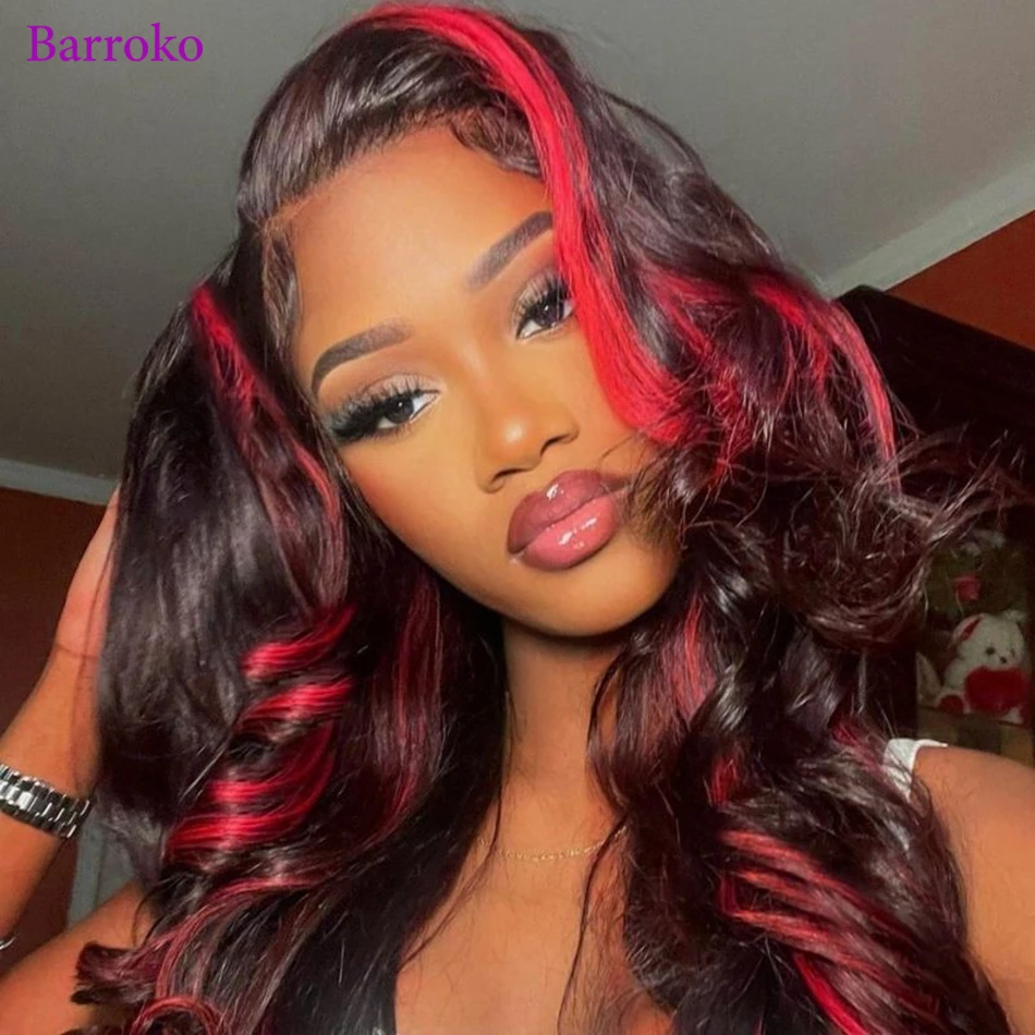 Barroko Omber Red Colored 34 Inch Lace Frontal Wig 13X4 13X6 Transparent Lace 1B Red Body Wave Remy Human Hair Wigs For Women