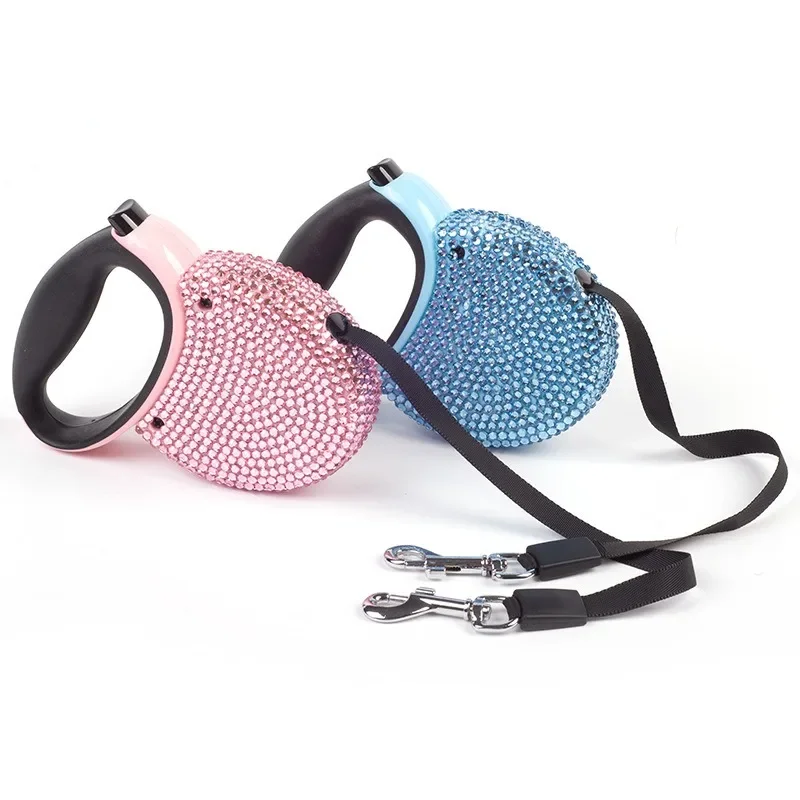 Pet Retractable Leash With Rhinestone Bling Crystal Cat Puppy Dog Lead  Pink Blue 3M Flat Line Drop Shipping