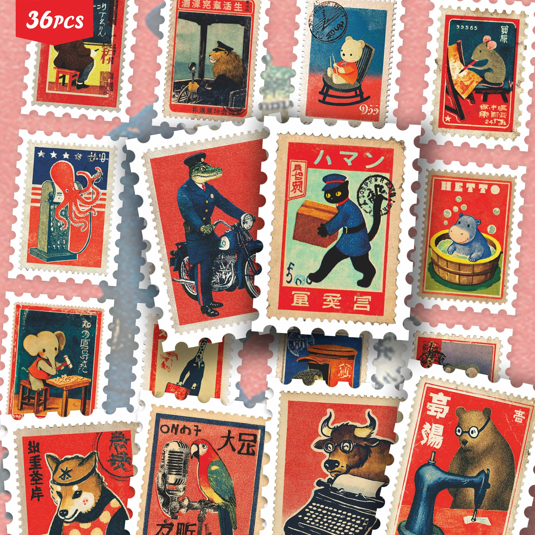 36PCS Vintage Japanese Retro Animal Stickers, Retro Showa Style & Cute Working Creature Aesthetic Cutout Sticker Set for Journal