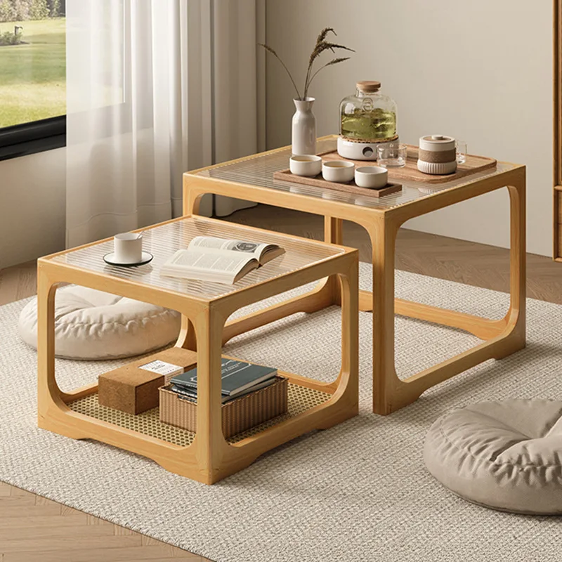 Coffee table small apartment living room household Japanese balcony small tea table modern simple rattan solid wood edge square