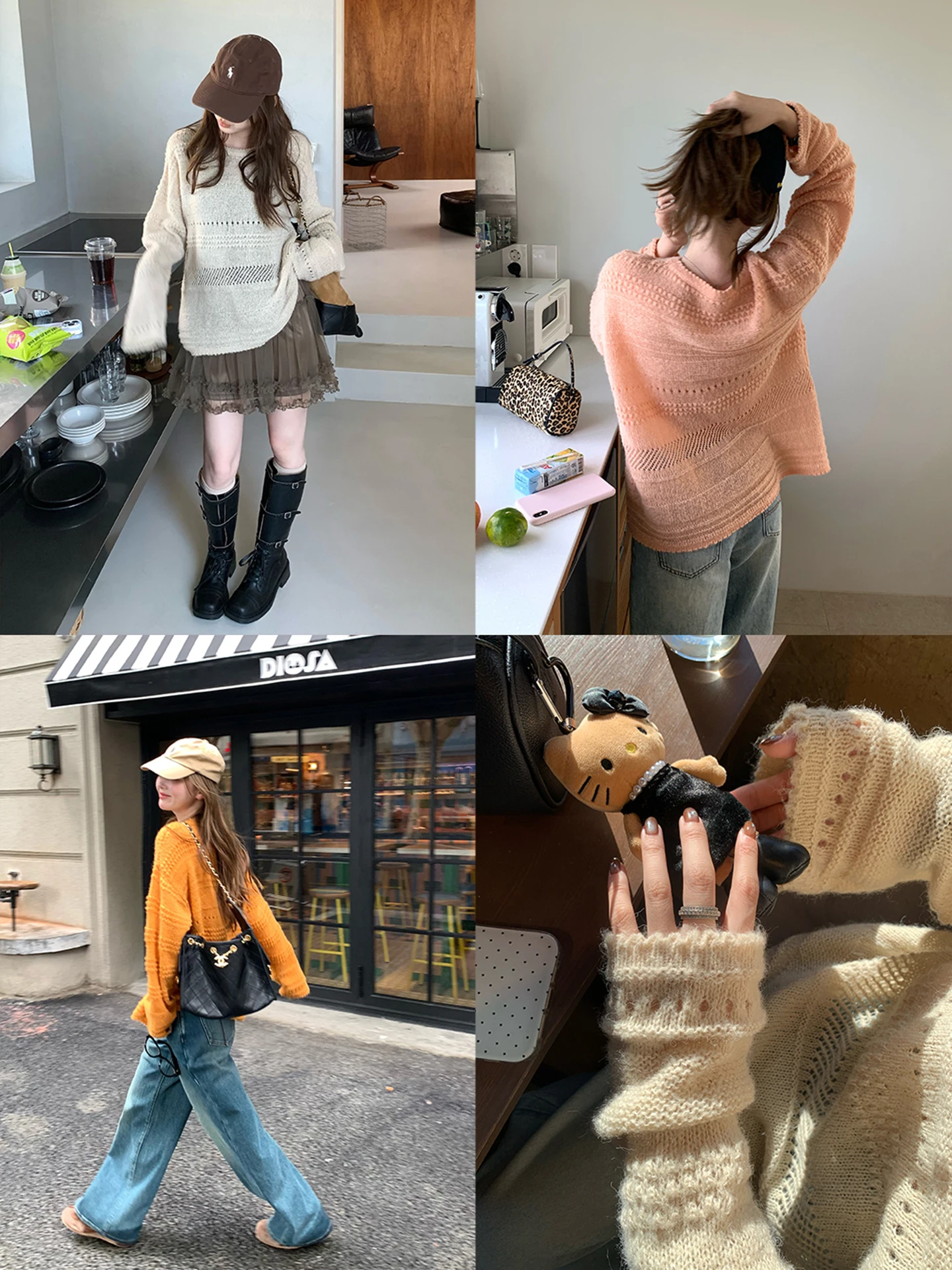 

Loose Women's Knitted round Ne Sweater Hollow out Embroidery Camere Lazy Sle Faion Campus Long Sve Autumn Top