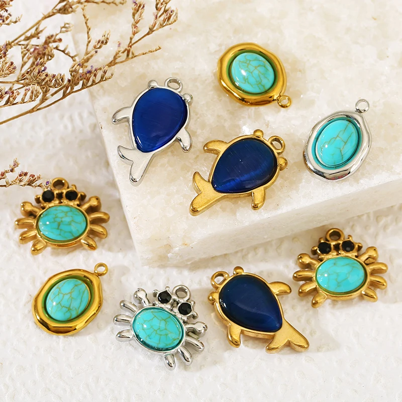 5pcs Stainless Steel Cute Blue Fish Turquoise Crab Charms for DIY Necklace Earring Jewelry Making Bag Chain Pendant Accessories