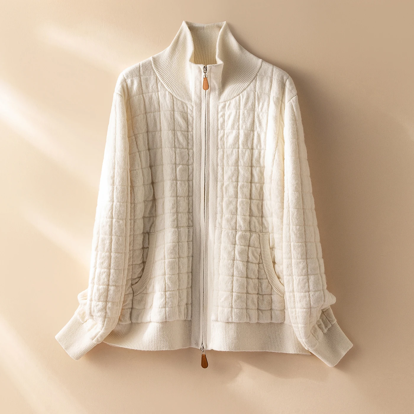 TLOML Women‘s 100% Baby Cashmere Sweater Mock Neck Two-way Zip Cardigan Autumn Winter Cashmere Knitwear Warm Thick Casual Jacket