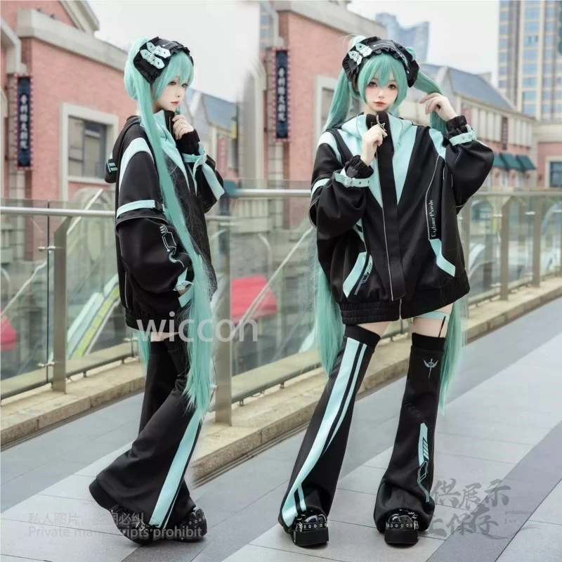 Miku Cosplay styl japoński kopalnia odzież sportowa garnitur kobiety czarny zielony kolor kurtka szorty zestaw nakryć na nogi stroje na Halloween Cos