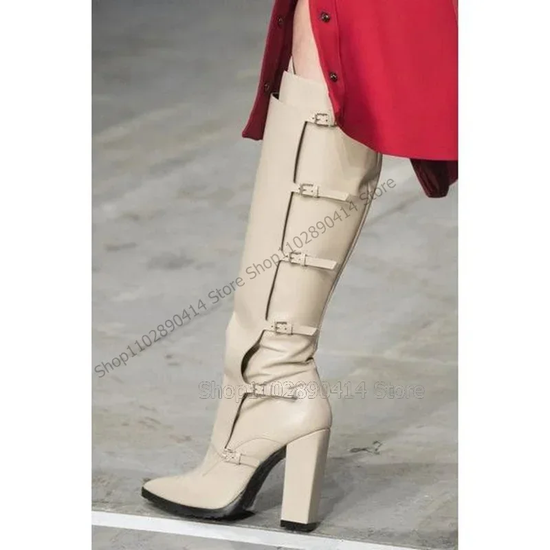 

White Knee High Buckle Decor Pointed Toe Boots Side Zipper Women Shoes Chunky High Heels Party Runway 2025 Zapatos Para Mujere