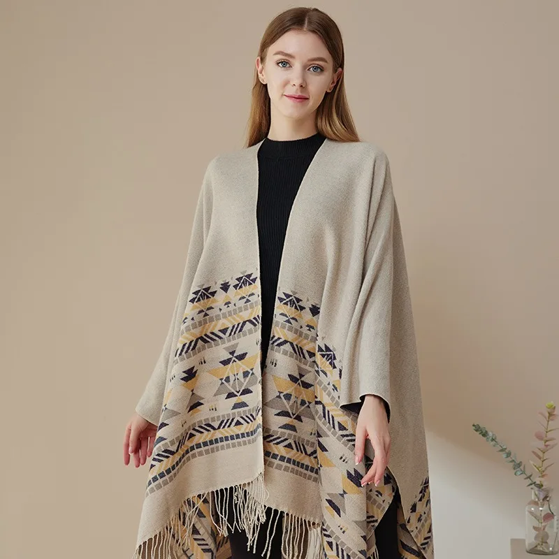 

Winter Knitted Big Shawl Ethnic Bohemian Style Shawl Cloak Outer Cloak Imitation Cashmere Scarf