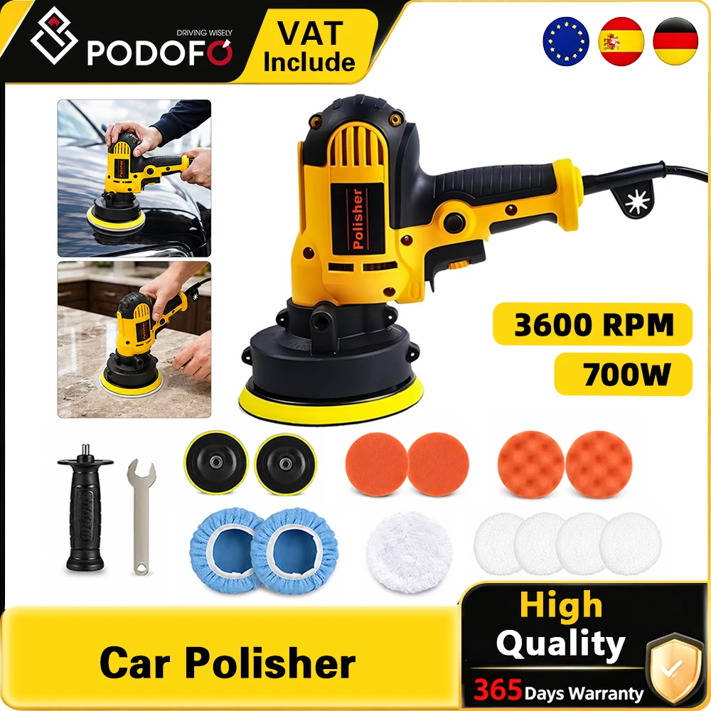 Podofo Polisseuse rotative pour voiture 700W, vitesse variable en continu, poignée détachable, machine de polissage électrique légère avec kit de tampons pour le cirage de voiture, la réparation de peinture, les meubles, les accessoires automobiles, les outils électriques