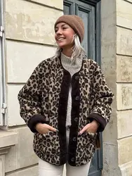 Women Fashion Winter Leopard Print Coat Long Sleeves Loose Single Breasted Female Top Pockets Streetwear Woman Cardigan