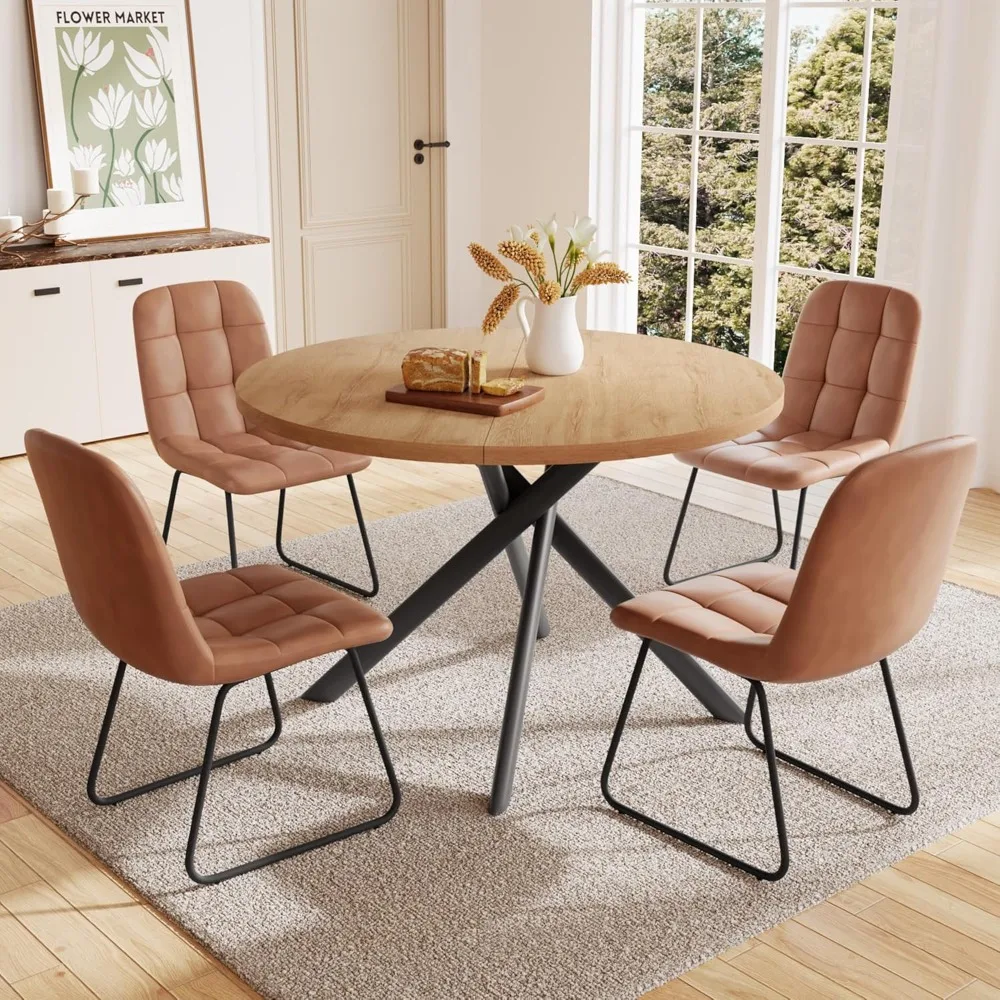 45.3 Inch Round Dining Table Set for 4, Mid Century Modern Small Kitchen Coffee Table Set  (Table + 4 U-Shaped Brown Chairs)