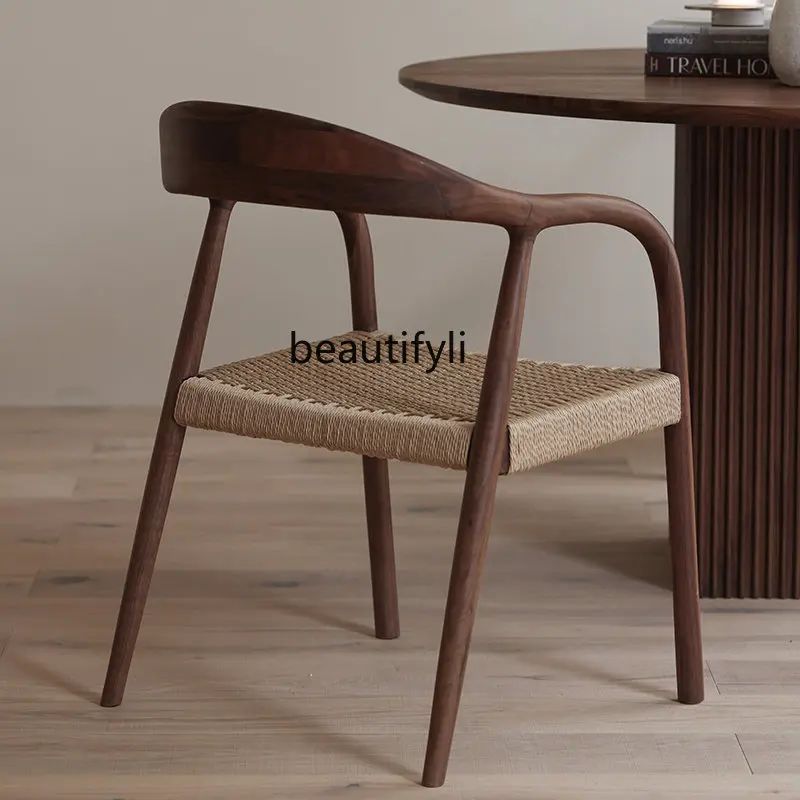 Black Walnut Wooden Dining Chair Kraft Rattan Armrest Chair Japanese Style Dining Table Desk Chair