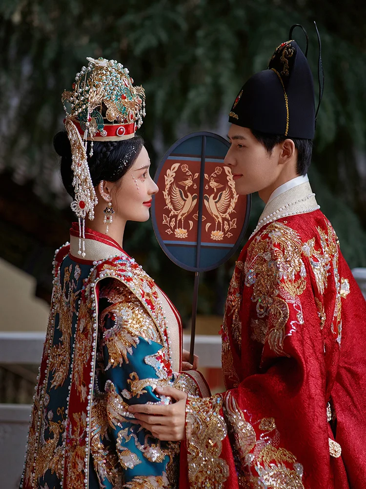 Hanfu Chinese Style Wedding Dress Phoenix Crown Xihe Fu Bride Traditional Cape Wedding Gown with Long Train