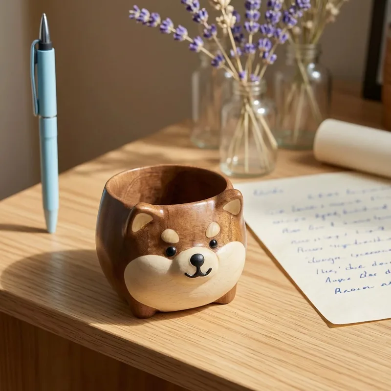 ✨ Cute Cartoon Shiba Inu Sheep Walnut Wood Pen Holder Pencil Organizer Multi Functional Desk Tidy Makeup Brush Holder