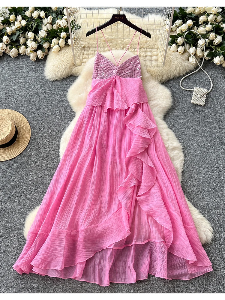 

Women Summer Dress French Vacation Style Sequin Patchwork Suspender Rufflets Edges Irregular Backless Beach Vestidos DS139