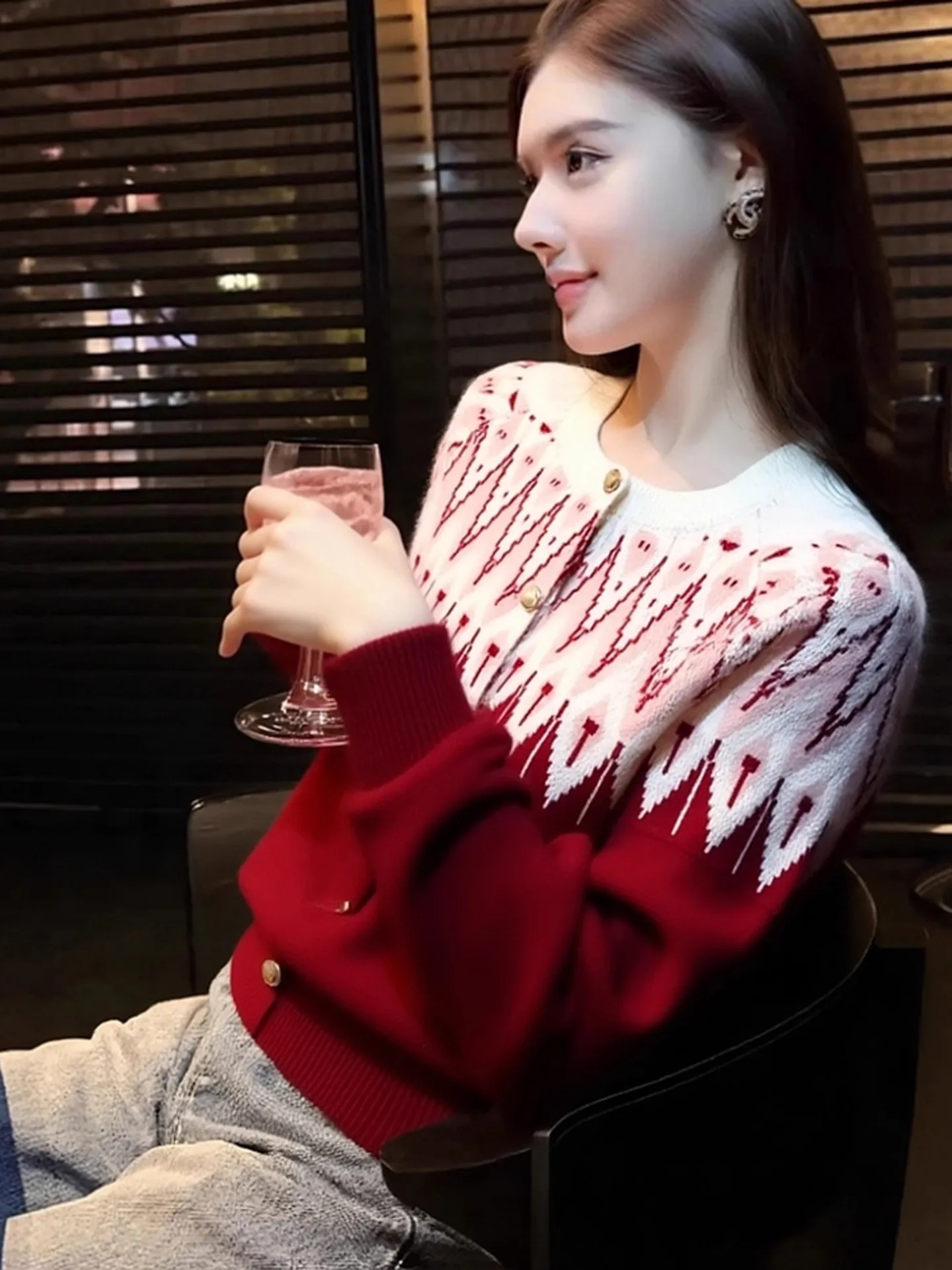 Suéter de malha vermelho exclusivo feminino outono inverno Faionable Cisas cor especial de ano novo Colion Top Quali Casual...