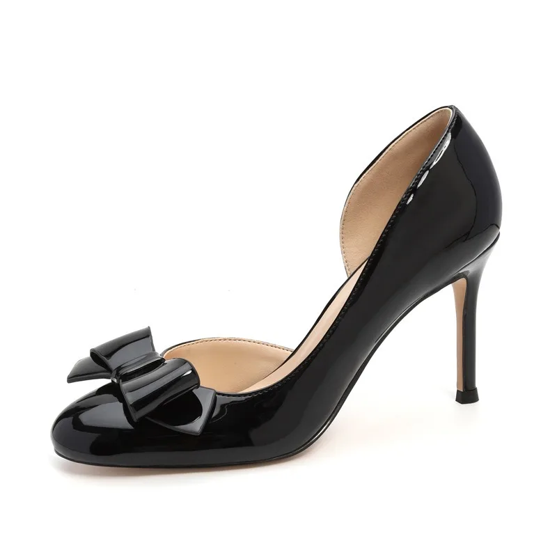 2025 patent leather round head bow side empty nude high heels light mouth temperament commuter shoes