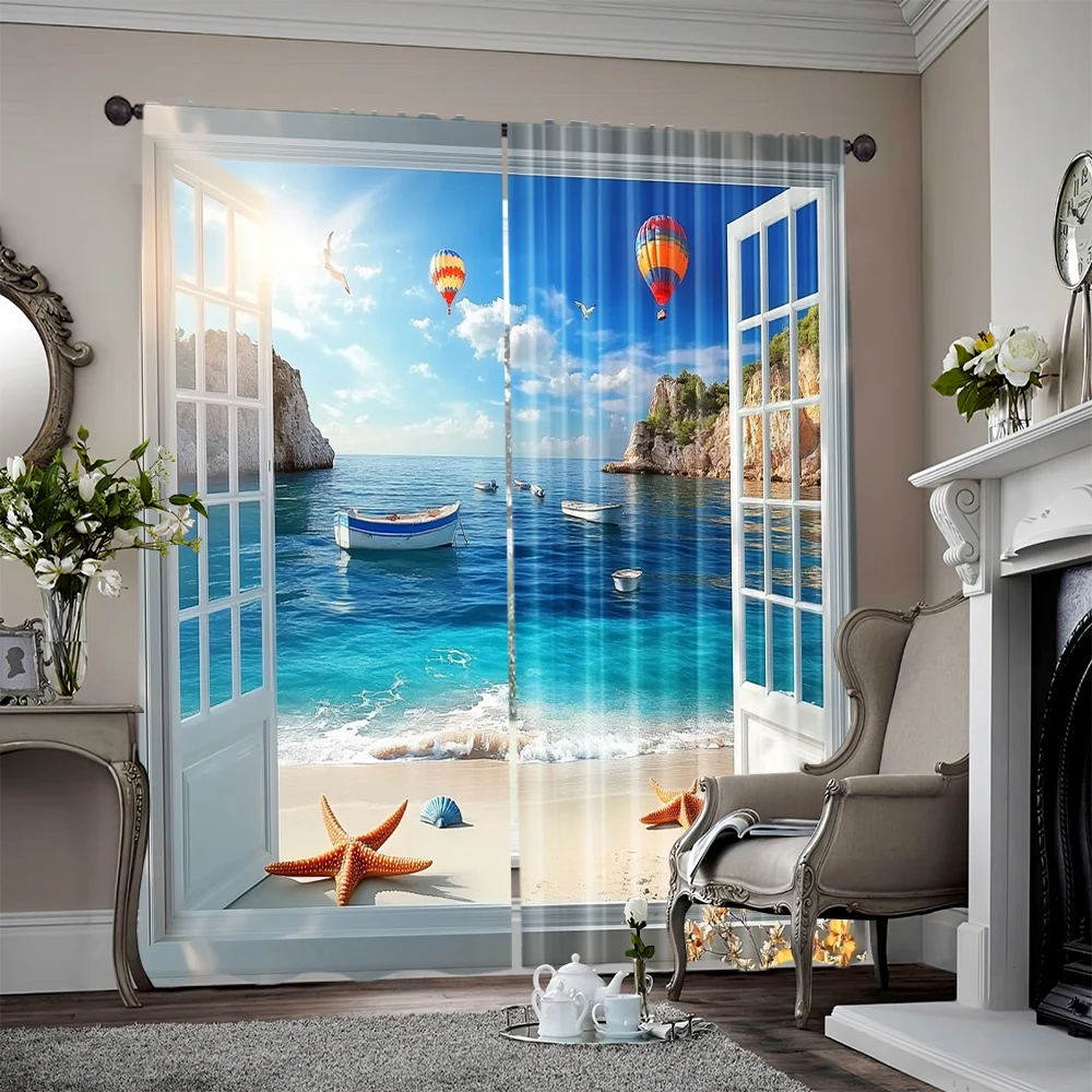 2pcs, 2D flat Window Treatment Curtains Fake window scenery Versatile Polyester Fabric,Without Electricity Holiday Decorations