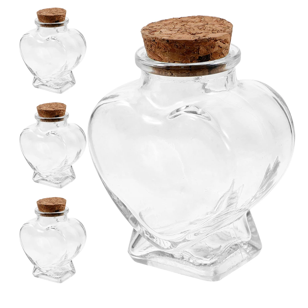 

4Pcs Heart Shaped Glass Bottle Set With Cork Lid Transparent Container For Wedding Party Decoration Vase Clear Jar Home Decor
