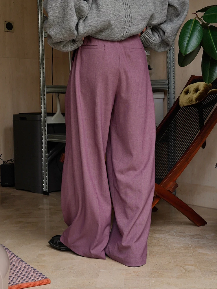 [EAM] High Waist Purple Brief Long Wide Leg Elegant Pants New Loose Fit Trousers Women Fashion Tide Spring Autumn 2024 1DH1026