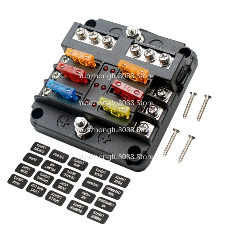 Waterproof 6-Way Blade Fuse Holder Box Block Panel with LED Warning Indicators & Terminals for Car Auto