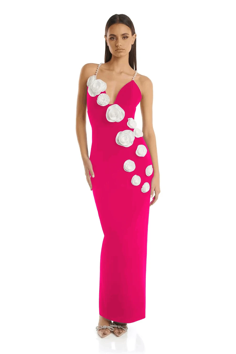 KLEEZY New Fashion Women's Sexy Pearl Halter 3D Flower Decoration Long Elegant Evening Party Club Dresses