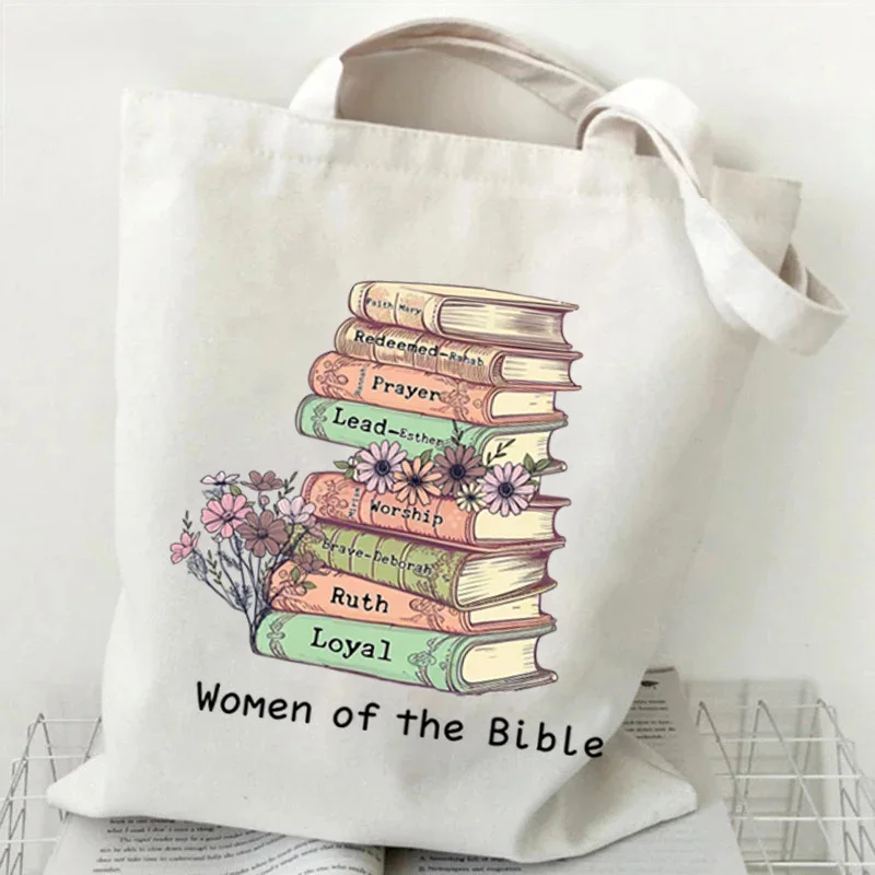

Books and Flower Print Handbag Women Casual Canvas Portable Shoulder Bag "women of The Bible" Pattern Shopping Reusable Tote Bag