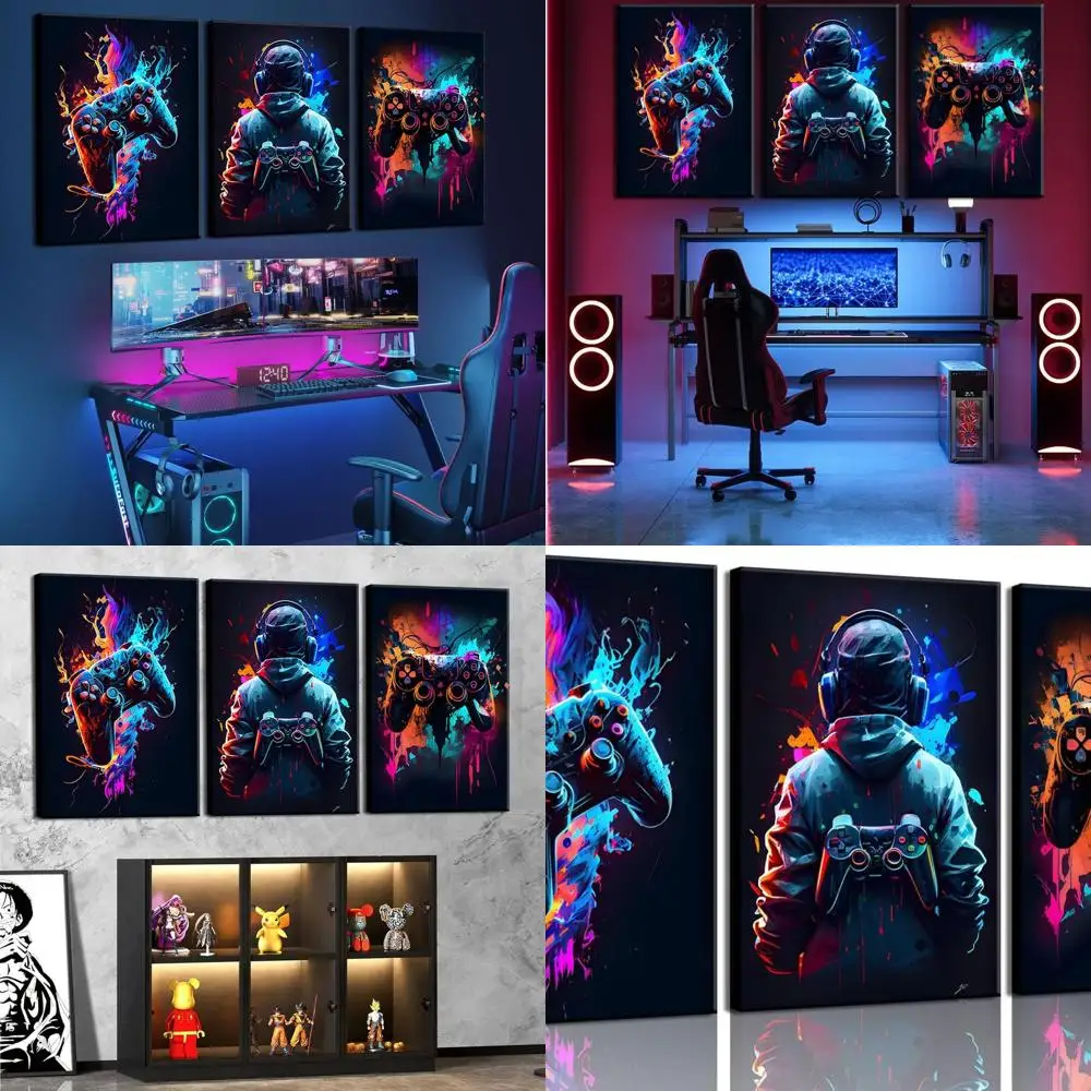 

Retro Video Game Canvas Art - 3 Piece Neon Gamepad Wall Decor for Kids & Boys Rooms