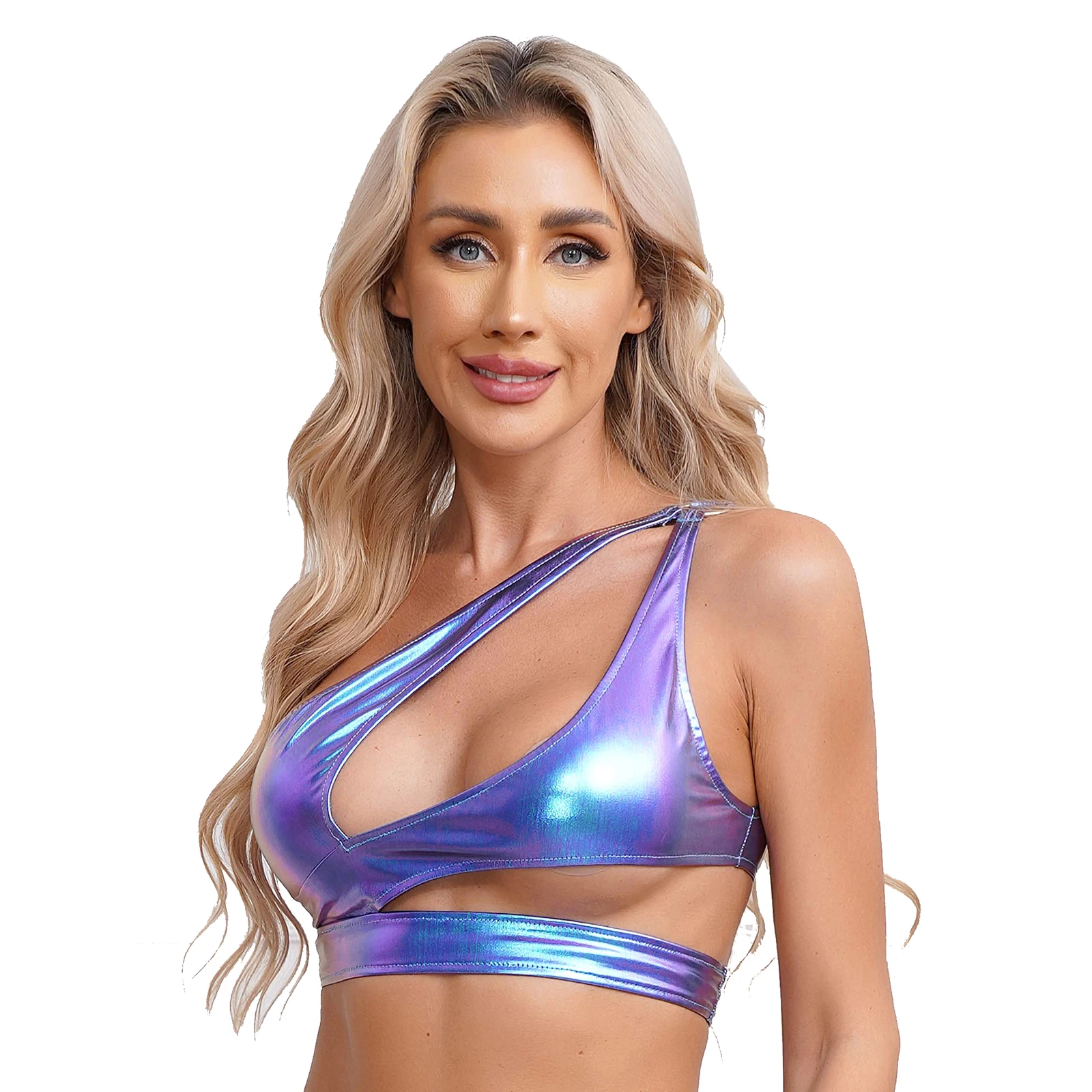 Womens Metallic Shiny Cutout Crop Top One Shoulder Sleeveless O-ring Bodycon Vest Tank Tops Rave Party Disco Pole Dance Clubwear