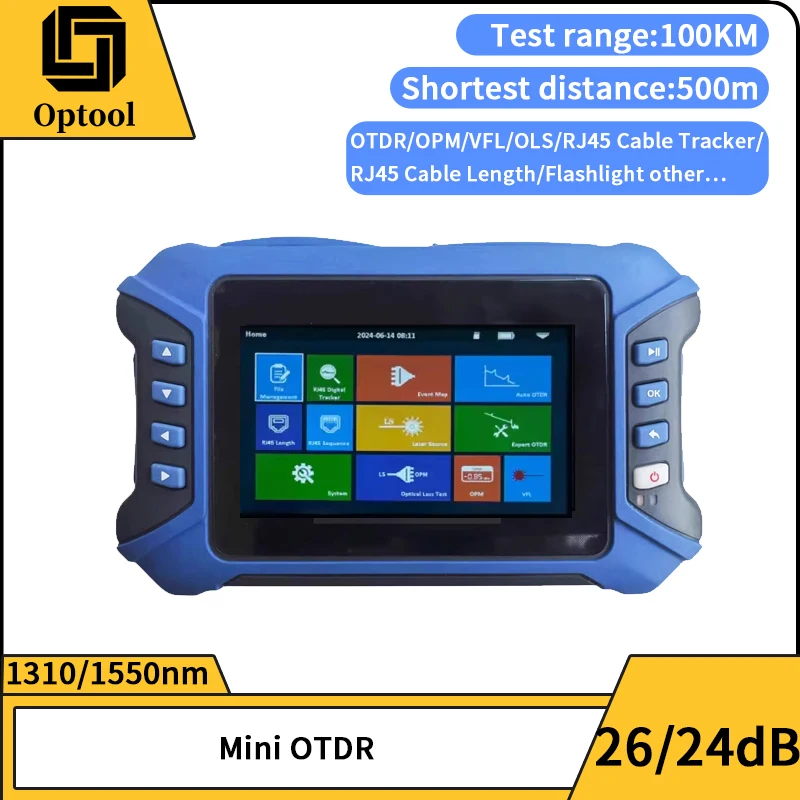 Mini Fiber Optic OTDR English Optical Reflectometer 1310/1550nm with VFL OLS OPM Event Map RJ45 Cable 26/24dB for 100km Tester